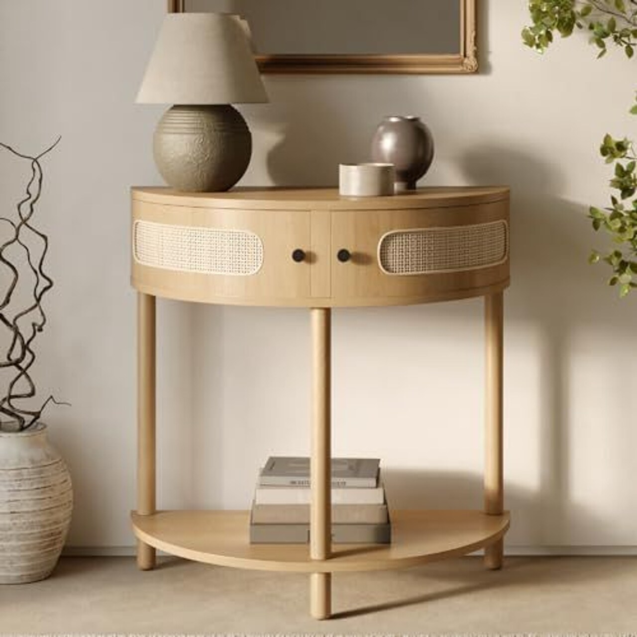 Rattan Half Moon Entry Table - Small Console Table with Storage for Narrow Spaces - Modern Home Decor - Cane Console Table - Solid Wood Entryway Table with Two Doors and Black Knobs (Natural Oak)